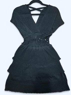 MANGO SUIT Vintage Metallic Knit Whimsigoth Tiered Black Mini Dress XS